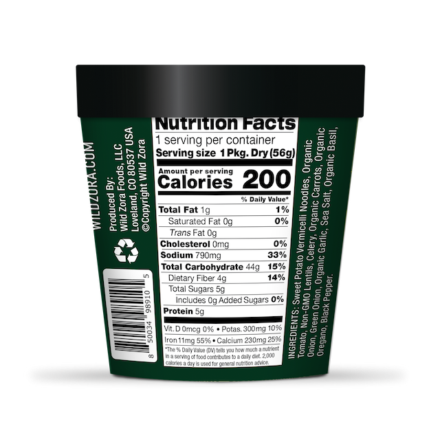 Wild Zora Vermicelli Vegan Minestrone Soup nutrition facts panel vegan minestrone soup.
