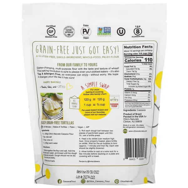 Otto's Naturals Cassava Flour nutrition facts and usage panel.