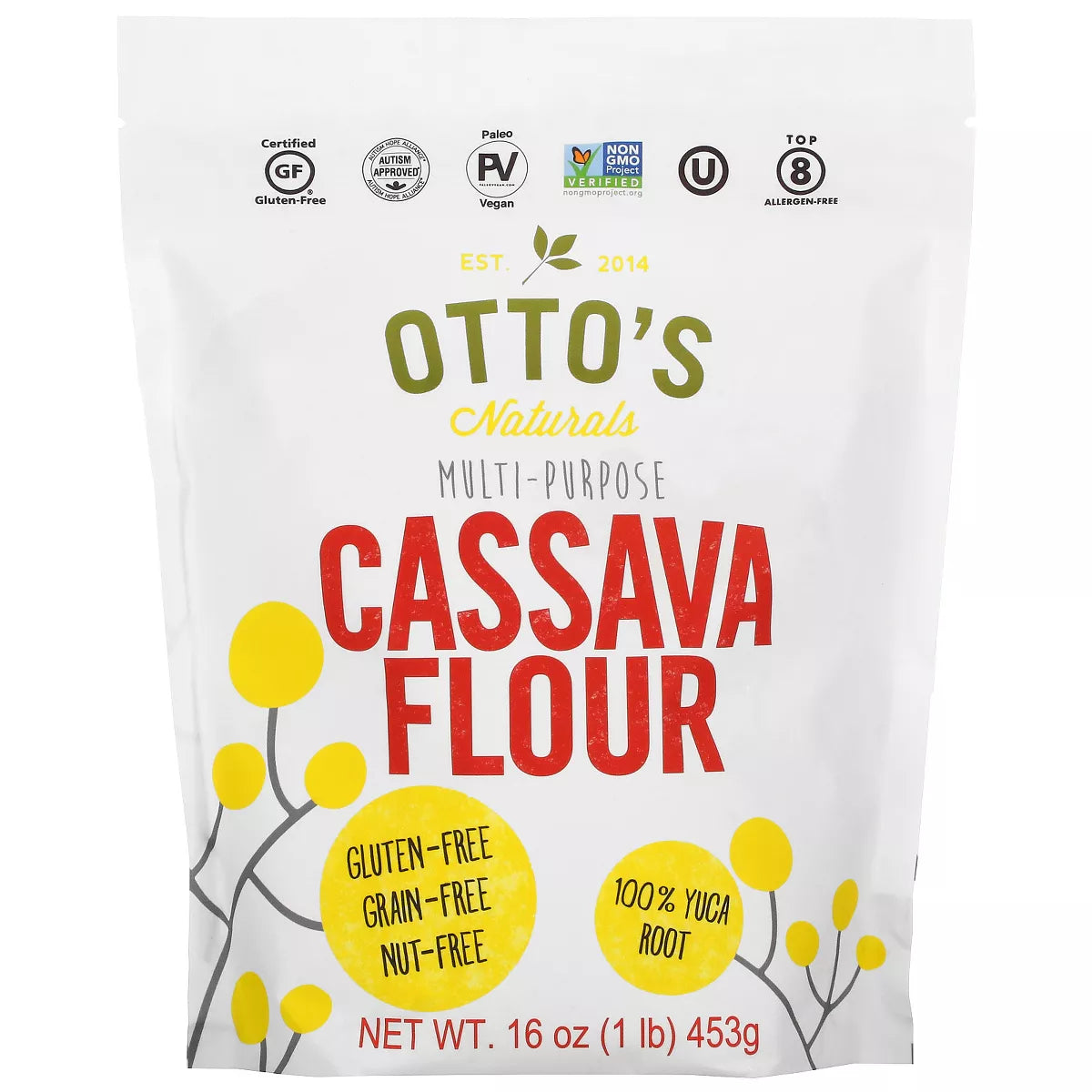 Otto's Naturals Cassava Flour 1-lb bag front label gluten-free flour.