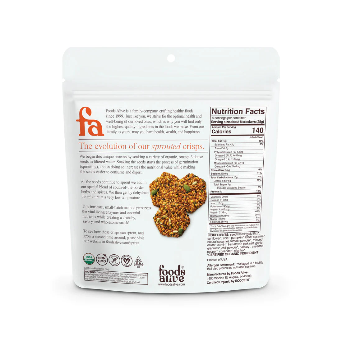 Foods Alive Salsa Fresca Sprouted Crisps nutrition facts panel.