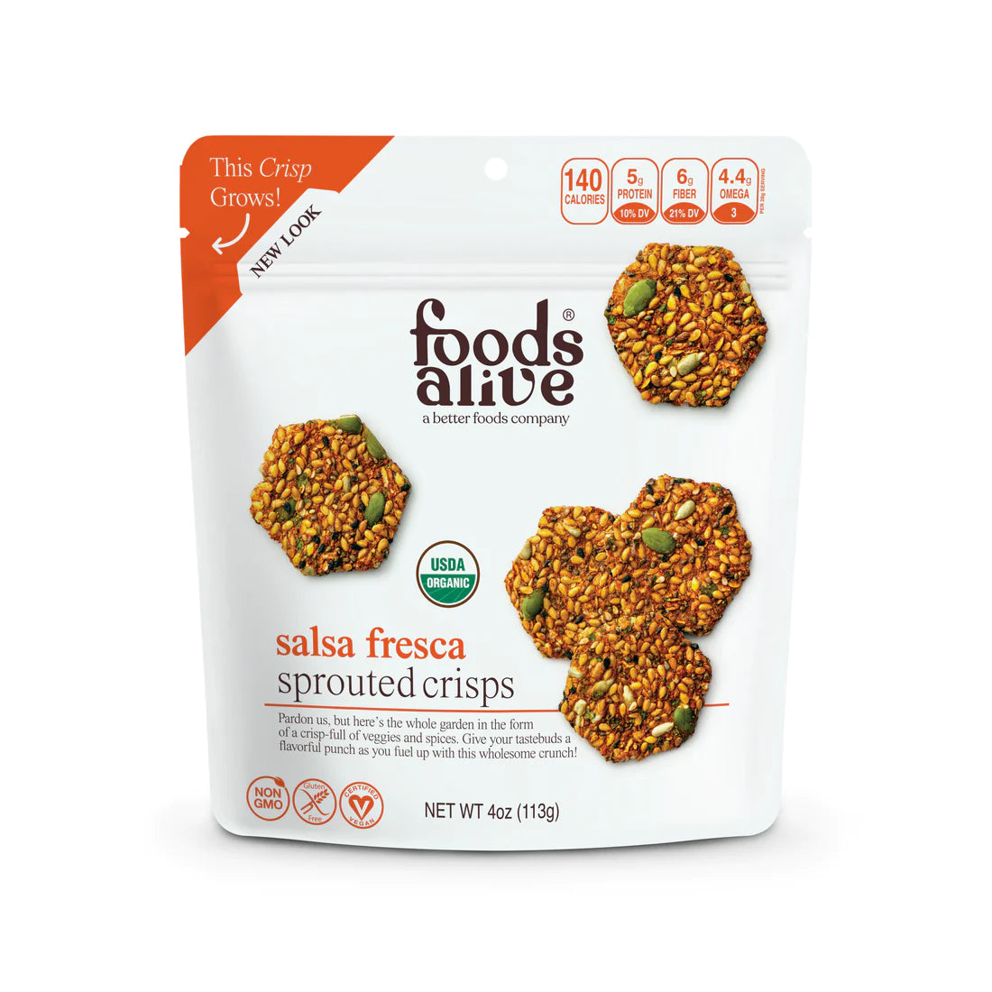 Foods Alive Salsa Fresca Sprouted Crisps 4-oz bag flax seed crackers front.