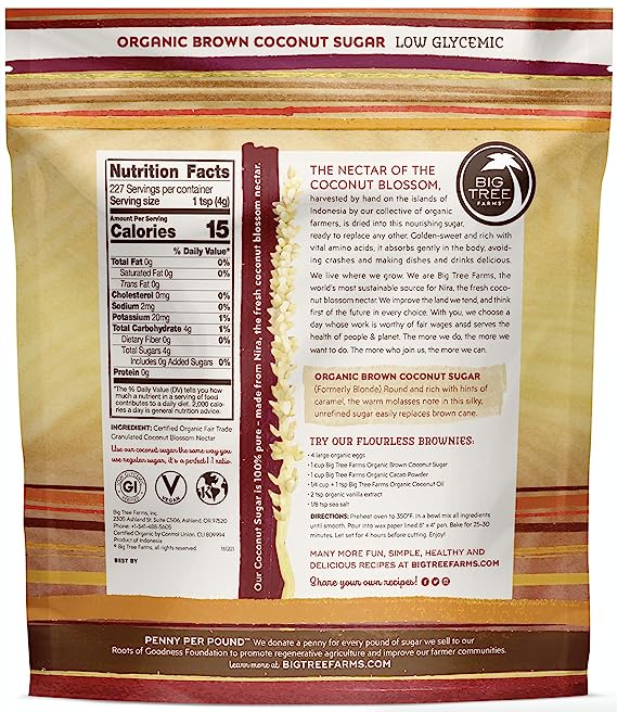 Organic golden coconut sugar nutrition facts and ingredient list.