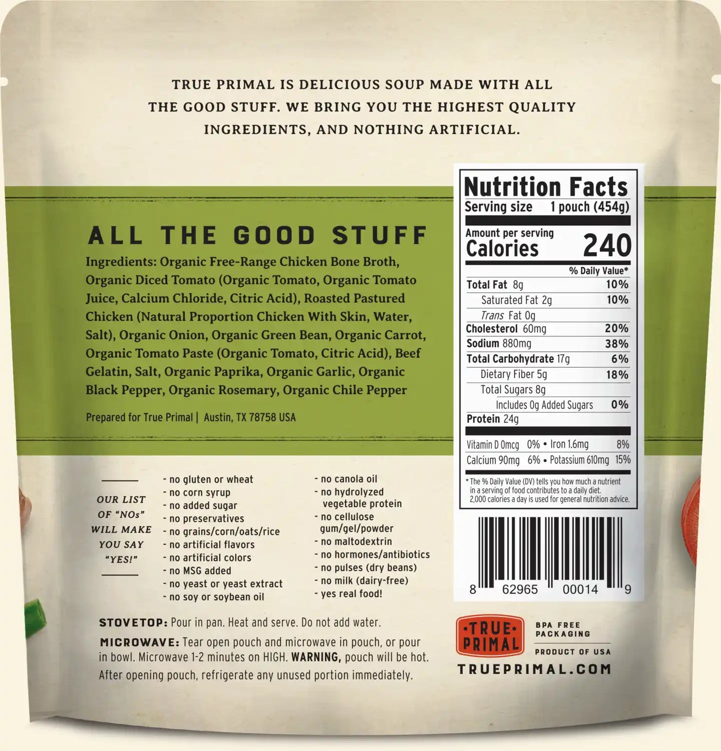 True Primal Chicken & Vegetable Soup nutrition facts panel chicken vegetable soup.