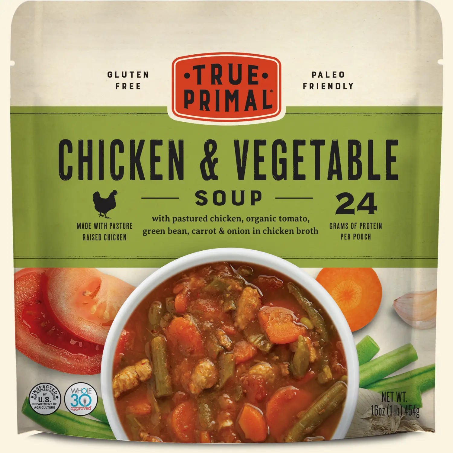 True Primal Chicken & Vegetable Soup 16-oz pouch front label chicken vegetable soup.