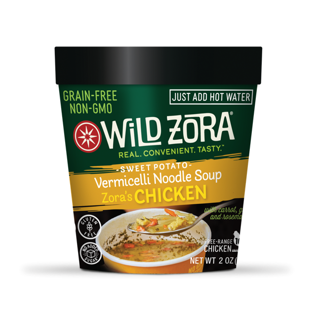 Wild Zora Vermicelli Chicken Noodle Soup 2 oz pouch front label gluten free chicken noodle soup.