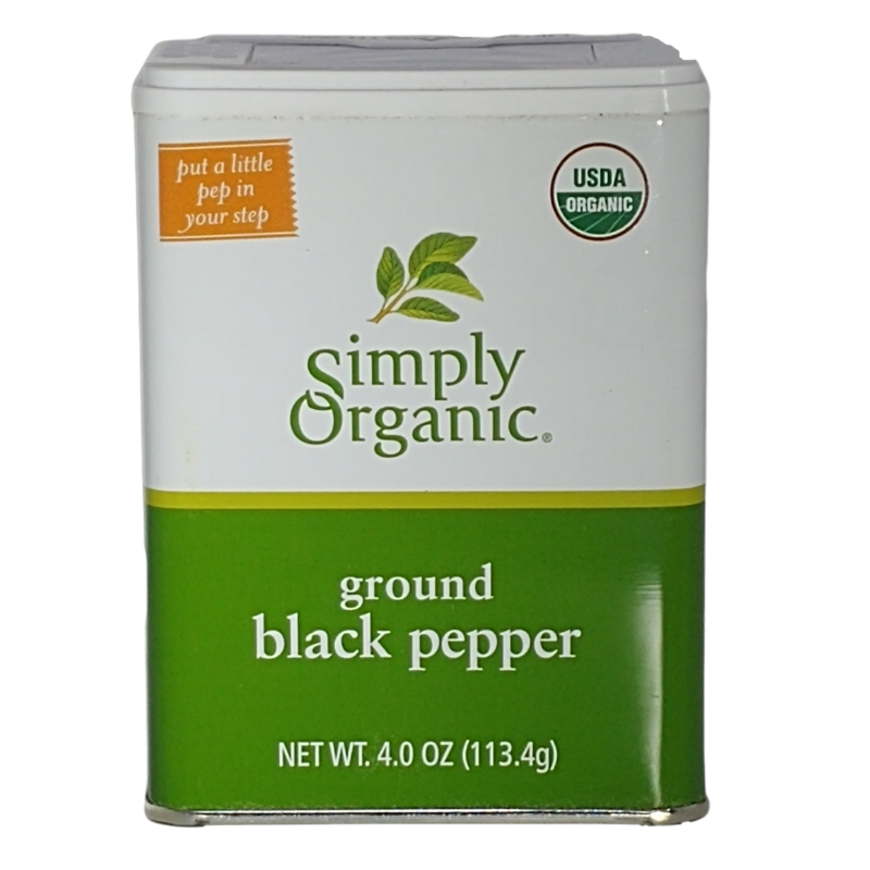 Simply Organic Black Pepper 4-oz jar front label ground black pepper.