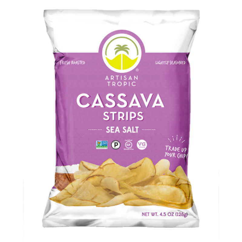 Artisan Tropic cassava chips sea salt flavor 4.5-oz snack bag front.