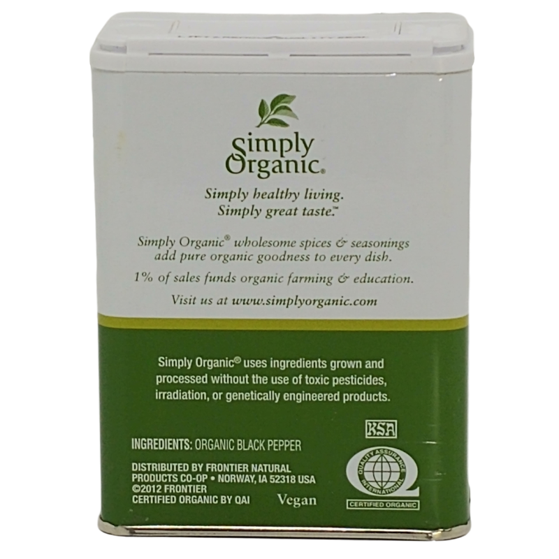 Simply Organic Black Pepper ingredients panel ground black pepper.