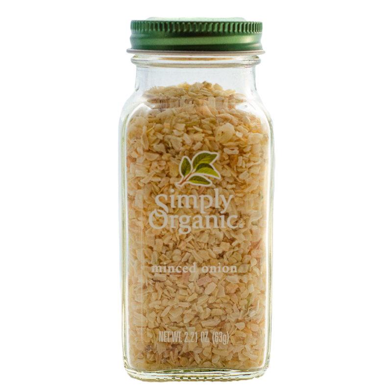 Simply Organic Minced Onion 2.21-oz jar front label minced onion flakes.
