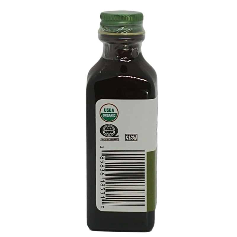 Simply Organic Pure Vanilla Extract 2 fl oz certification label natural vanilla flavor.