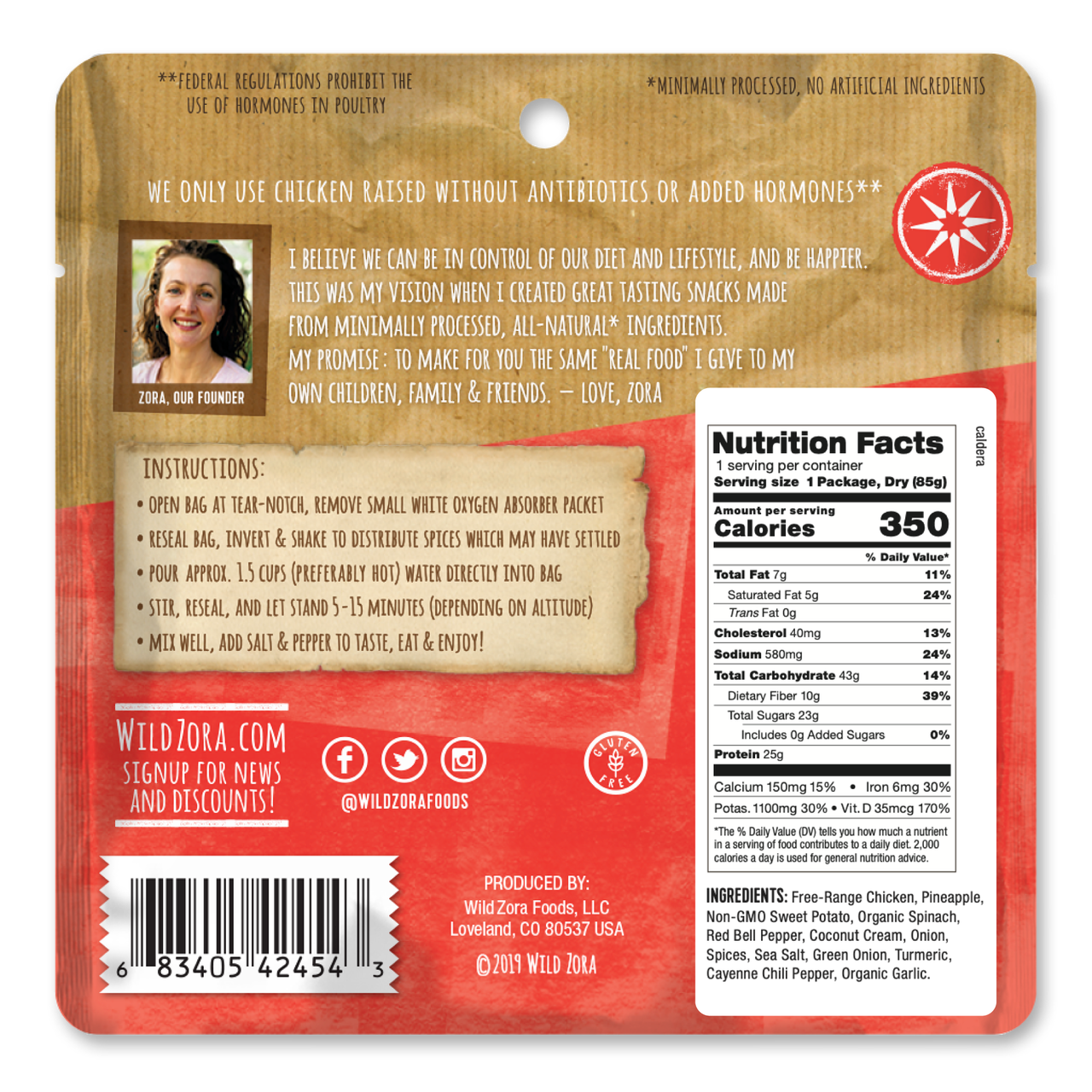 Back of Wild Zora Freeze-Dried Meal Caldera Chicken Curry 3 oz with nutrition facts, ingredients, and preparation instructions.
