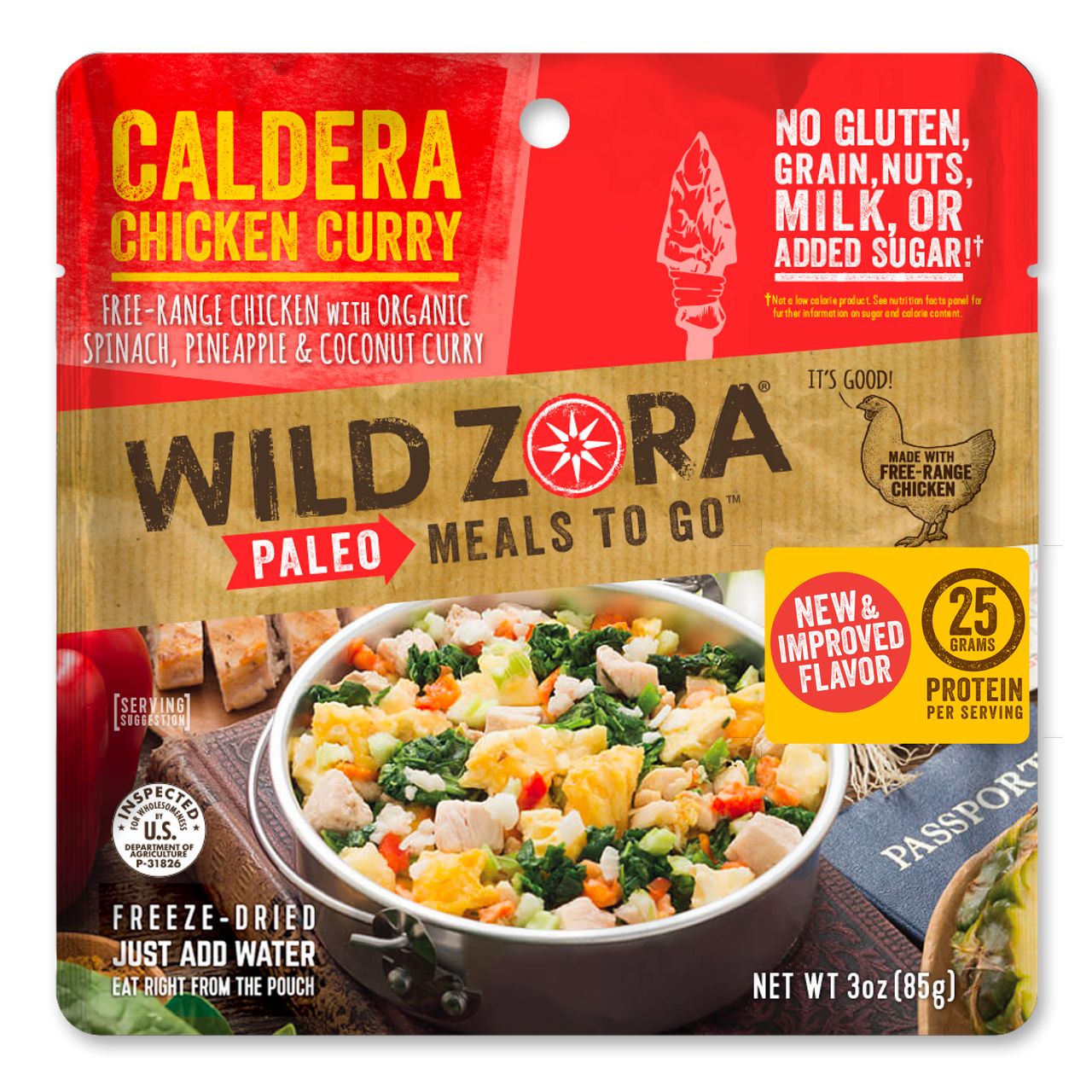 Wild Zora Caldera Chicken Curry 3 oz freeze-dried keto curry pouch front label.