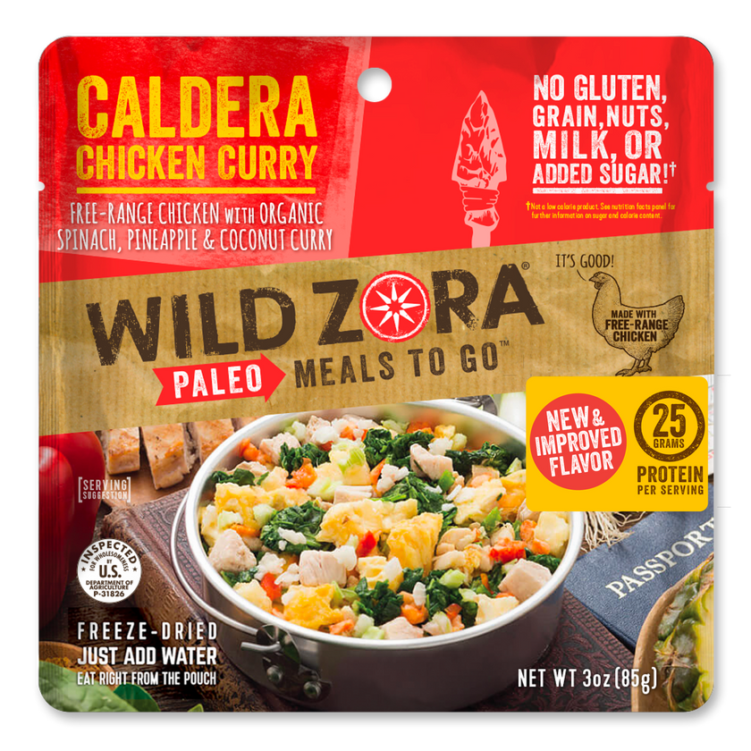 Wild Zora Caldera Chicken Curry 3 oz freeze-dried keto curry pouch front label.