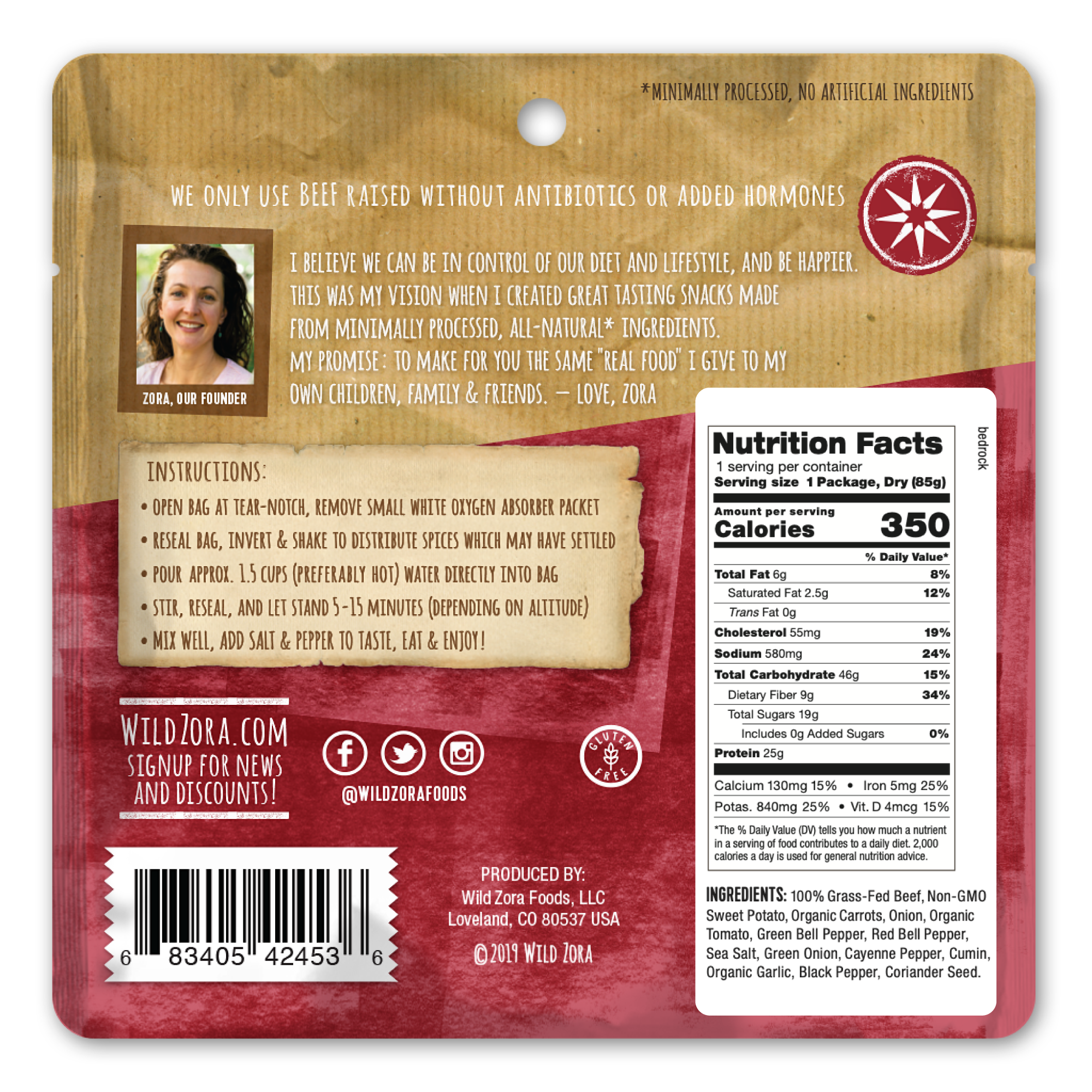 Back of Wild Zora Freeze-Dried Meal Bedrock Beef Chili 3 oz with nutrition facts, ingredients, and preparation instructions.