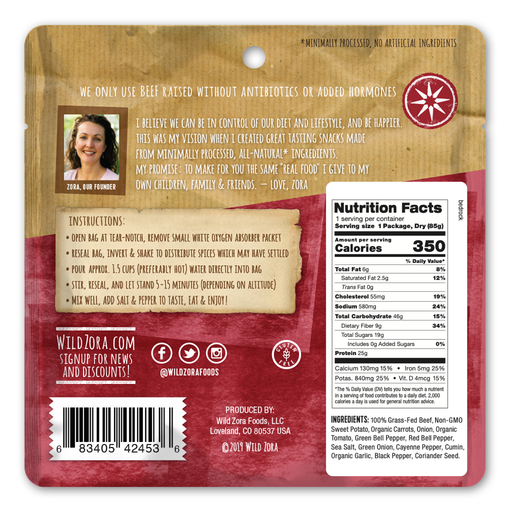 Back of Wild Zora Freeze-Dried Meal Bedrock Beef Chili 3 oz with nutrition facts, ingredients, and preparation instructions.