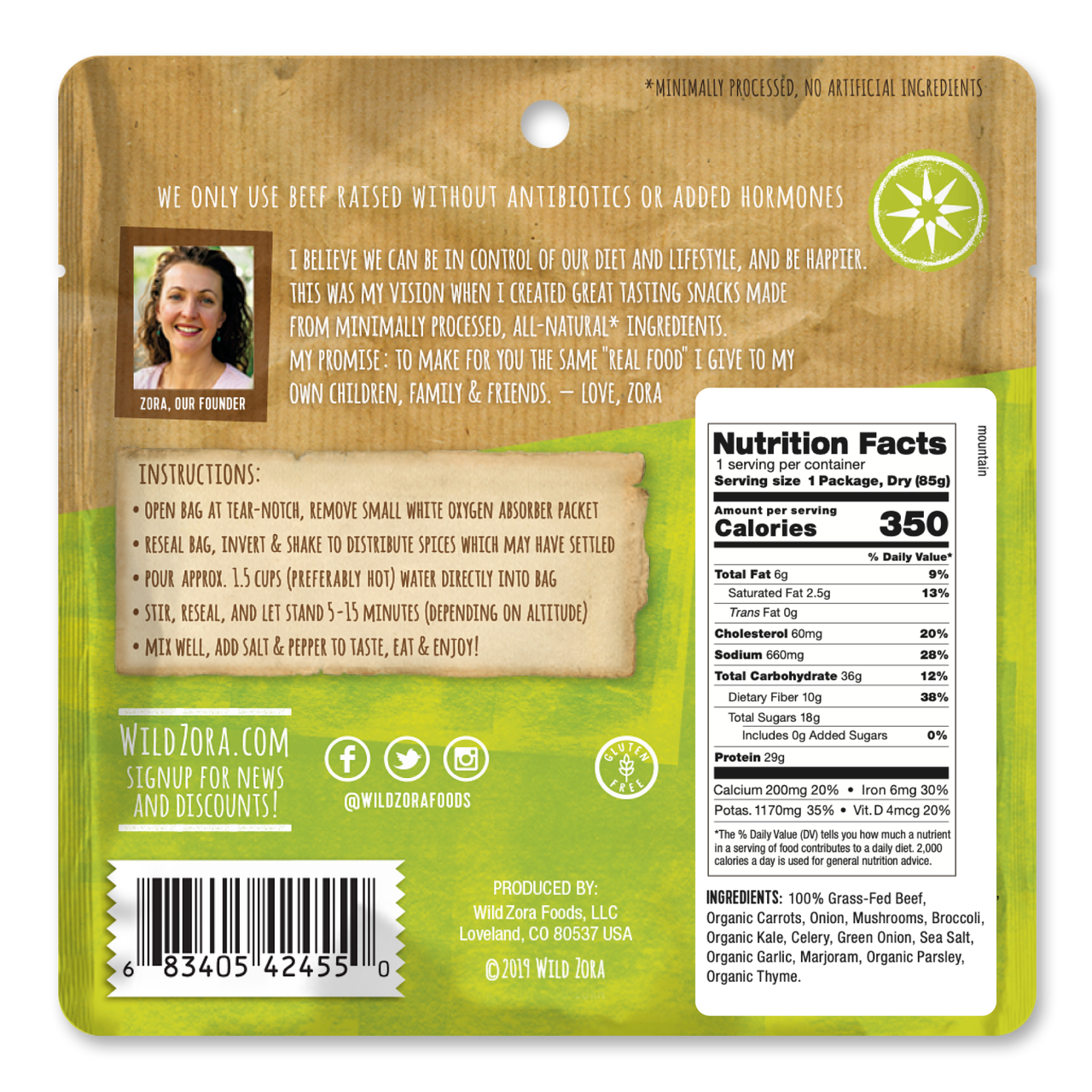 Wild Zora Mountain Beef Stew cooking directions and nutrition facts panel.