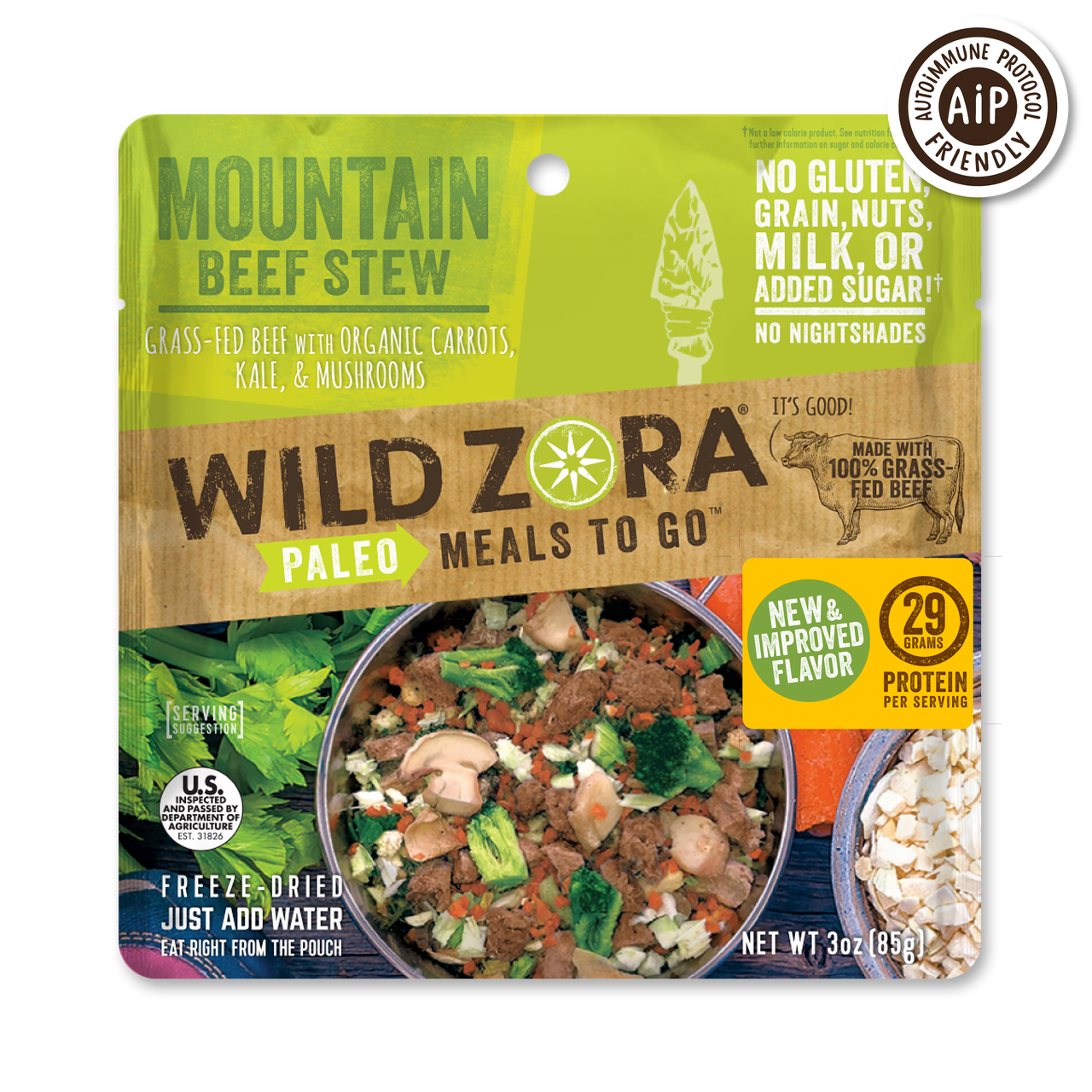Wild Zora Mountain Beef Stew freeze-dried meal 3 oz pouch front label backpacking meals.