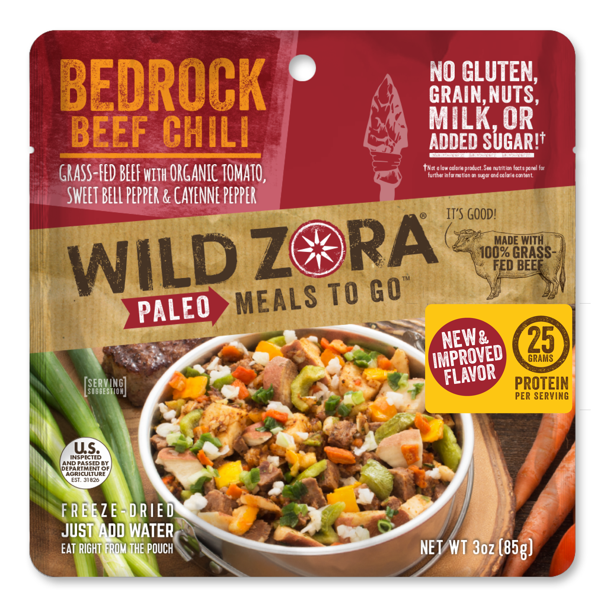 Wild Zora Bedrock Beef Chili 3 oz freeze-dried meal pouch front label camping chili.