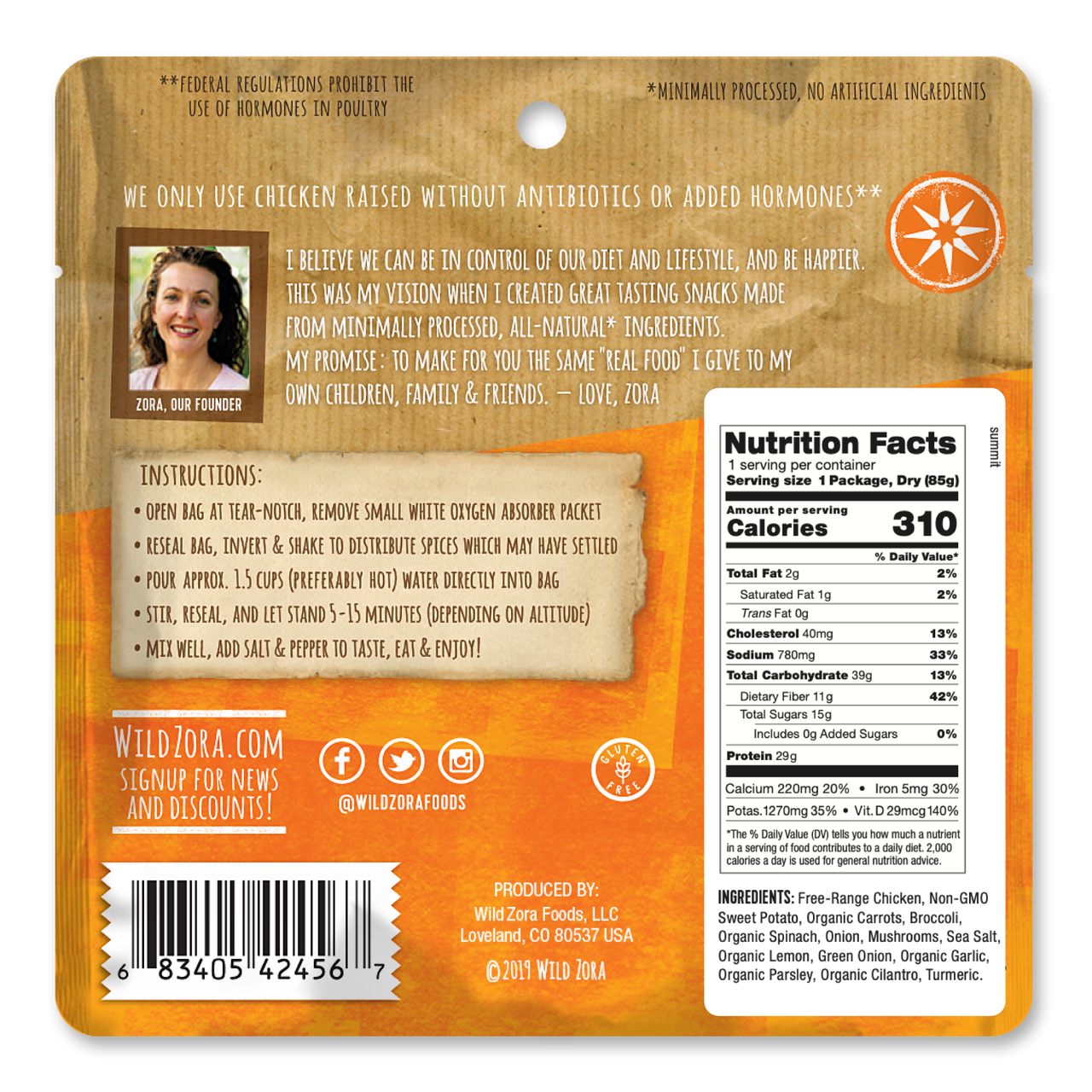 Wild Zora Summit Savory Chicken nutrition facts and cooking directions panel.