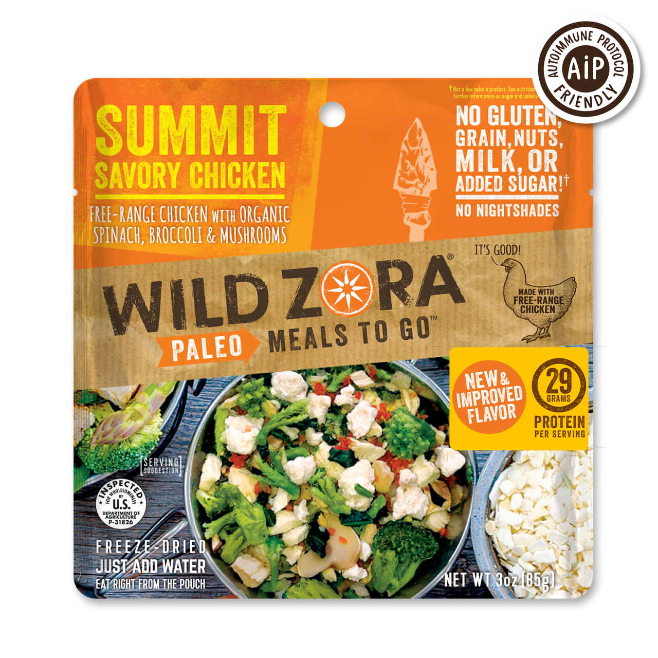 Wild Zora Summit Savory Chicken freeze-dried meal 3 oz pouch front label low carb chicken meal.