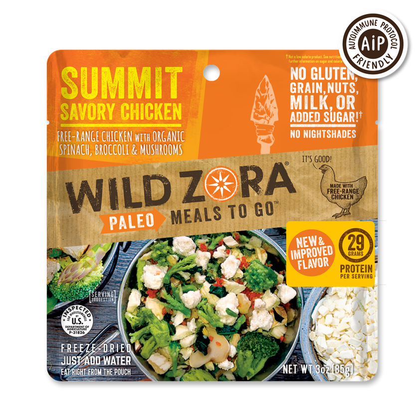 Wild Zora Summit Savory Chicken freeze-dried meal 3 oz pouch front label low carb chicken meal.