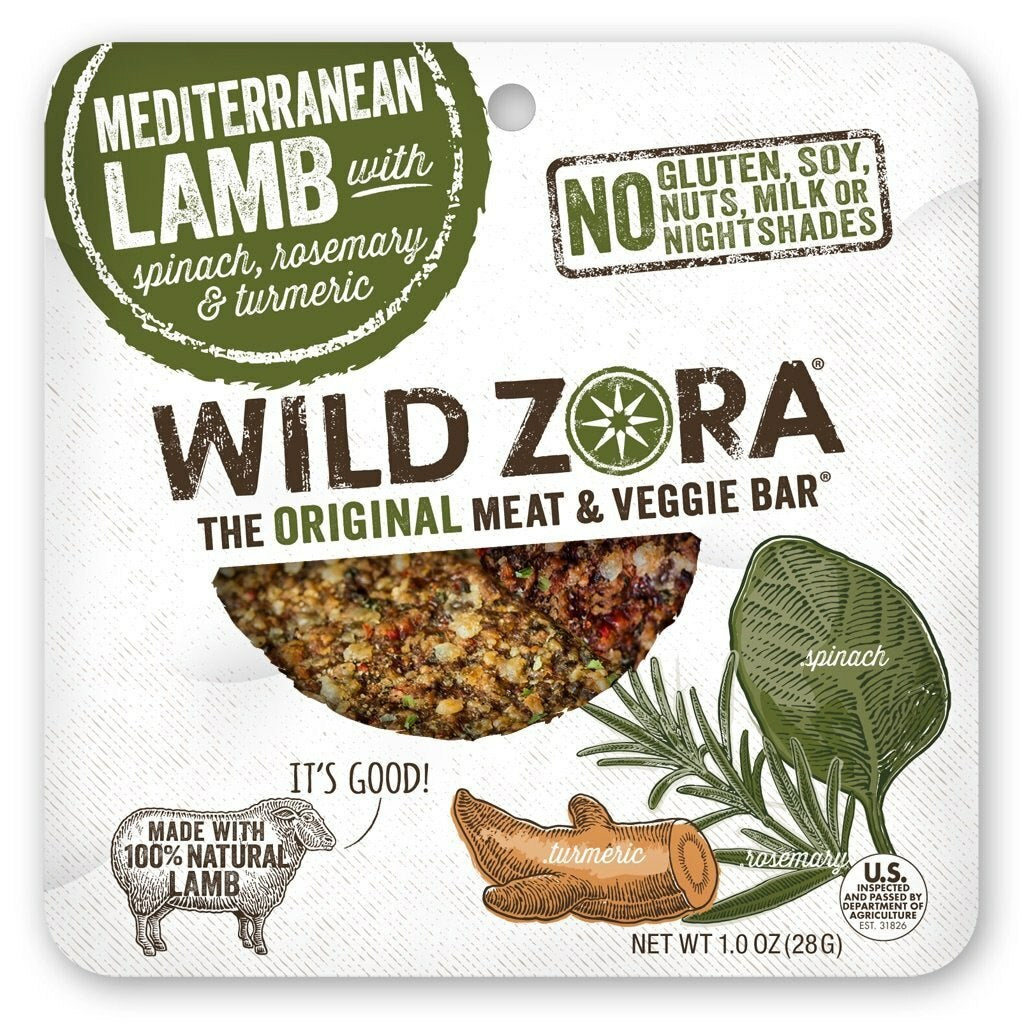Wild Zora Mediterranean Lamb Meat & Veggie Bar 1 oz with spinach, rosemary, and turmeric. No gluten, soy, or dairy.