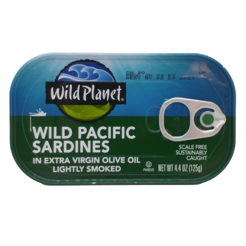 Wild Planet Sardines in EVOO Lightly Smoked 4.4 oz can front label canned sardines.