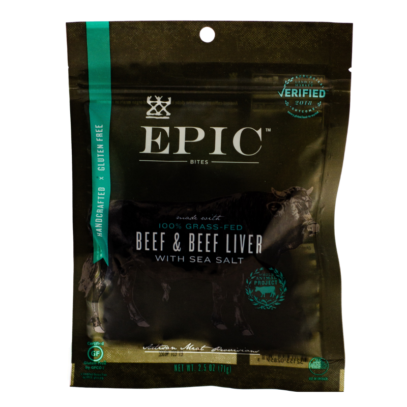 EPIC Beef & Beef Liver bar 2.5-oz gluten free beef jerky high protein snack.
