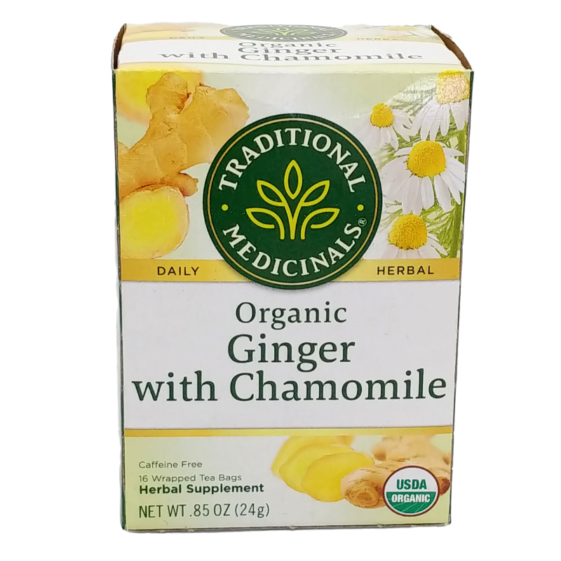 Traditional Medicinals Organic Ginger Tea 16-bag box front label tea for nausea.