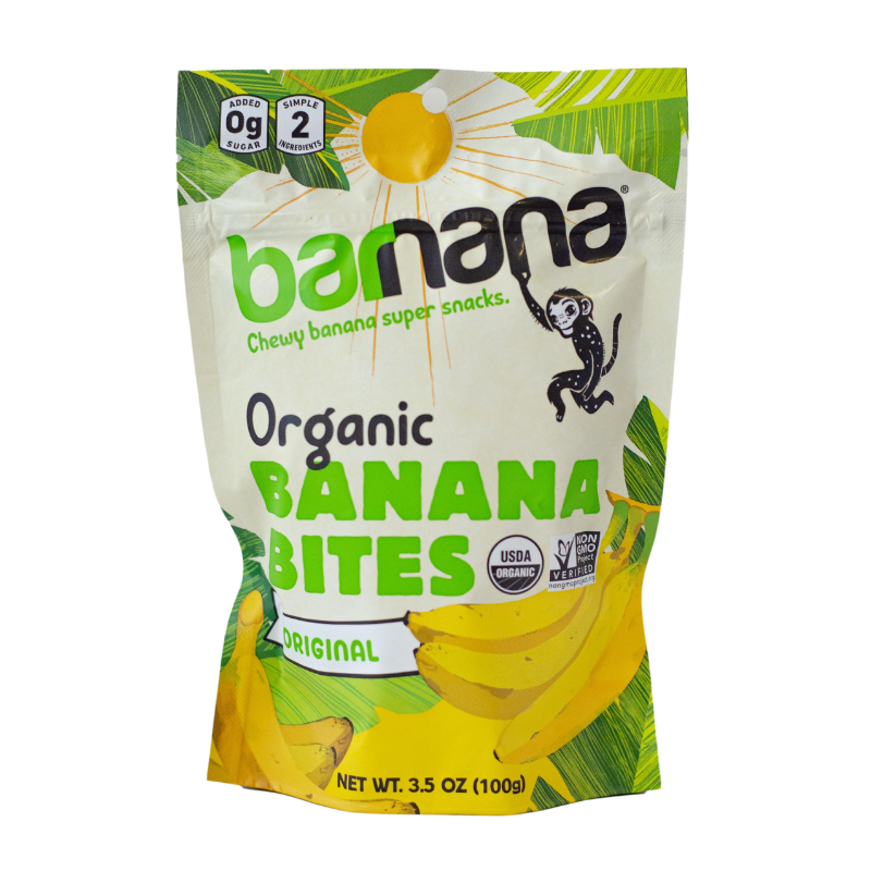 Barnana Organic Chewy Banana Bites 3.5-oz pouch, healthy banana snacks front.