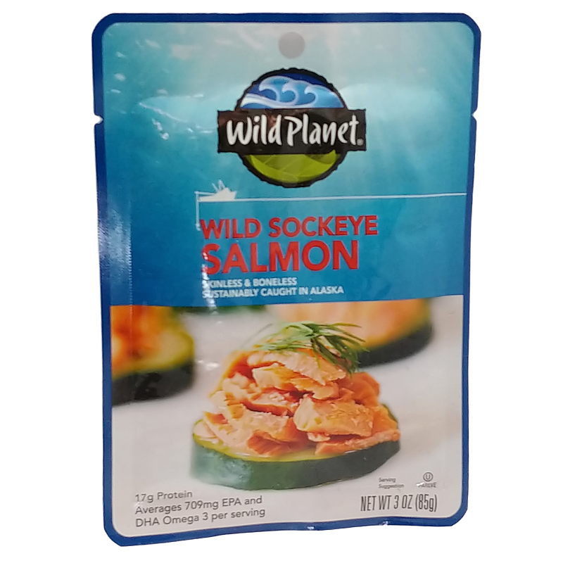 Wild Planet Sockeye Salmon 3 oz can front label wild sockeye salmon.