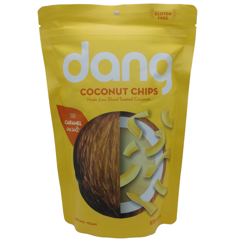 Dang caramel sea salt coconut chips 3.17-oz crunchy snack bag.