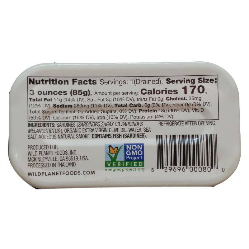 Wild Planet Lightly Smoked Sardines nutrition facts panel canned sardines.