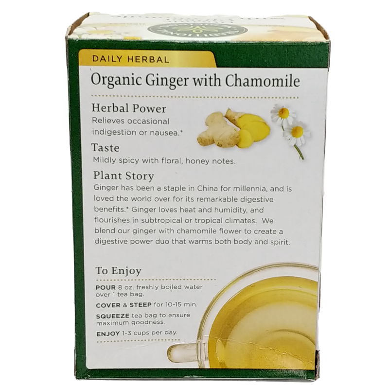 Traditional Medicinals Ginger Tea brewing directions and ingredient list tea for nausea.