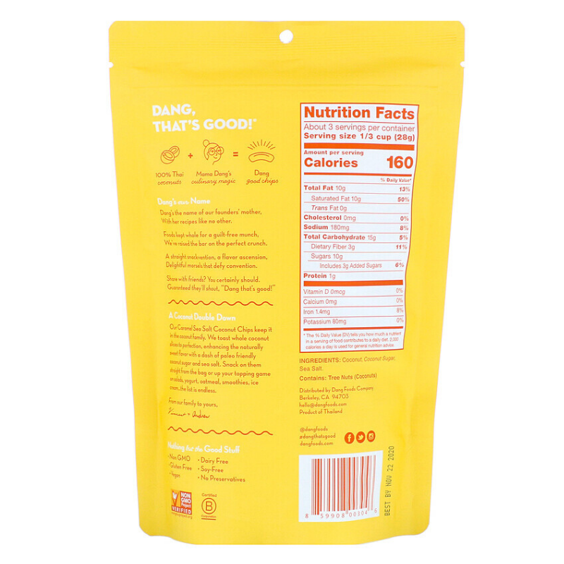 Dang caramel sea salt Coconut chips nutrition facts and ingredient list panel.