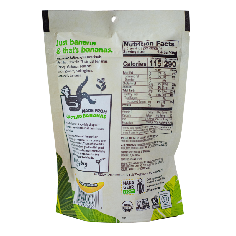 Barnana banana bites nutrition facts and ingredients panel.