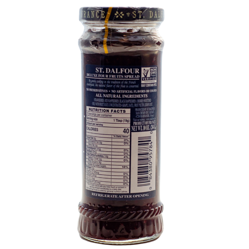 St. Dalfour Four Fruits Spread nutrition facts panel four fruits jam.