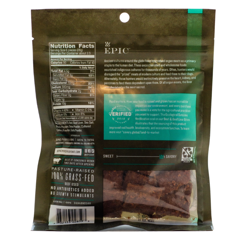 EPIC Beef & Beef Liver jerky nutrition facts and ingredient list panel.