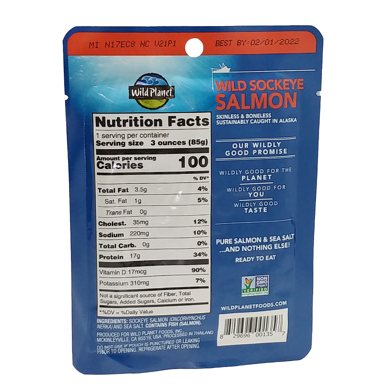 Wild Planet Sockeye Salmon nutrition facts panel.