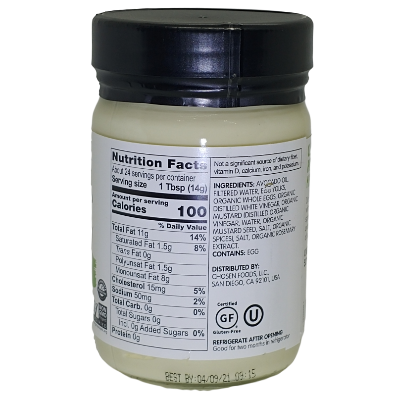 Chosen Foods Avocado oil mayonnaise nutrition facts and ingredients panel.