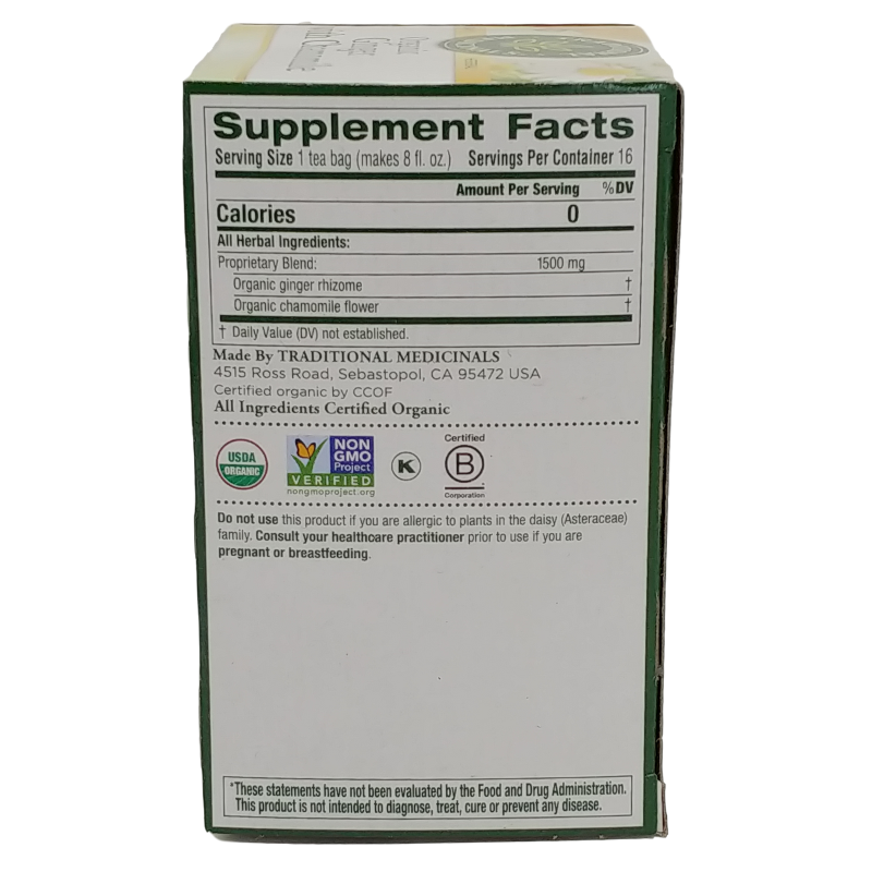 Traditional Medicinals Ginger Tea supplement facts panel.