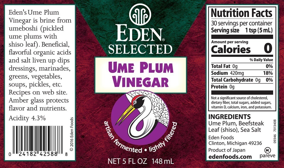 Eden Foods Ume plum vinegar nutrition facts and usage directions label.