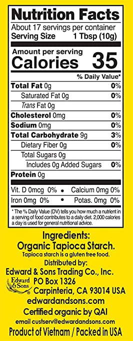 Organic tapioca starch usage directions and nutrition facts panel.