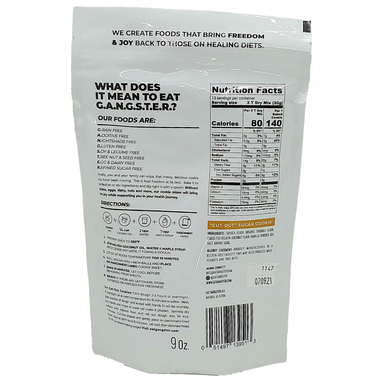 EAT G.A.N.G.S.T.E.R // "Cut-Out" Gluten free sugar cookie mix nutrition facts and baking directions panel.
