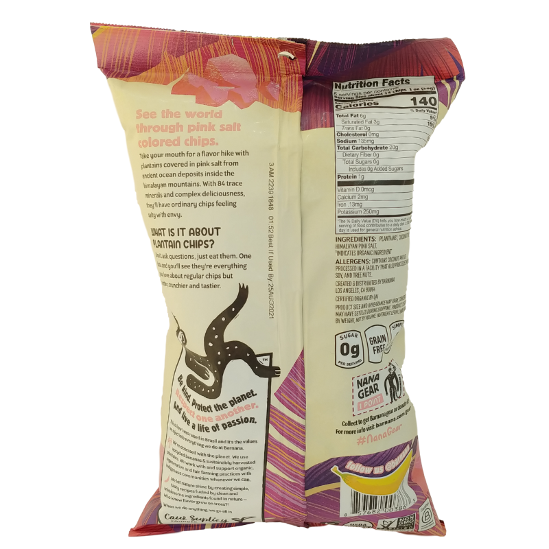 Barnana Himalayan Pink Salt plantain chips ingredient list and nutrition.