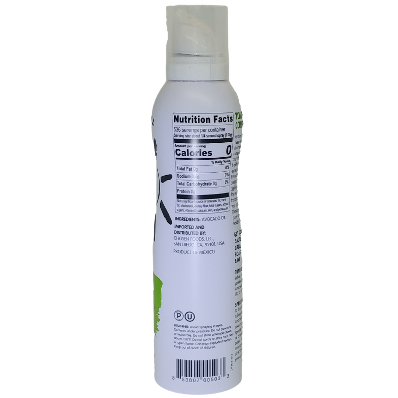 Chosen Foods // 100% Pure Avocado Oil Spray 4.7 oz Nutrition Facts.