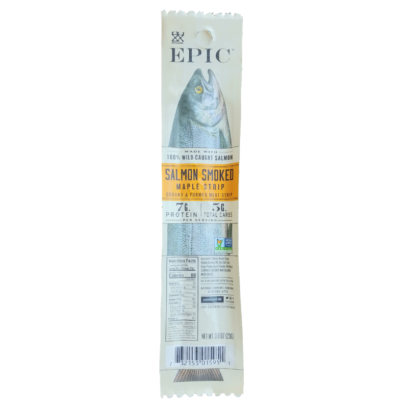 EPIC Salmon Smoked Maple Strip 0.8-oz smoked salmon snack stick.