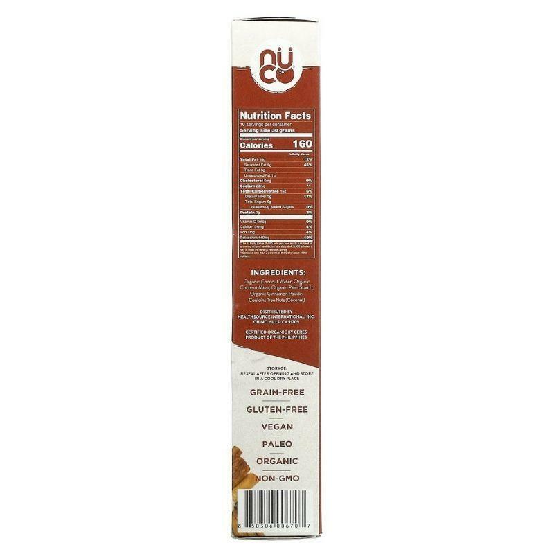 Nuco Cinnamon Coconut Crunch cereal nutrition facts panel.