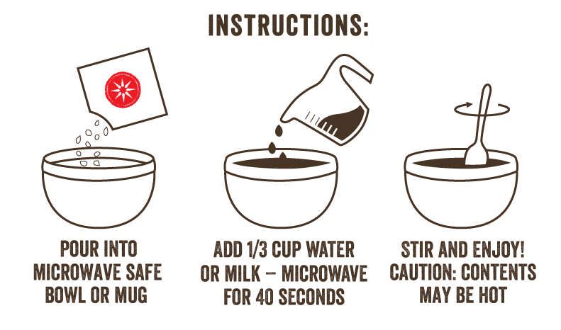 Wild Zora Instant Grain-Free Hot Cereal Baked Apple 1.8 oz preparation steps with illustrations for easy cooking.