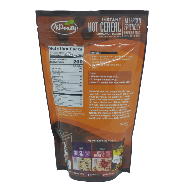 AiPeazy gluten free cinnamon cereal nutrition facts and prep directions.
